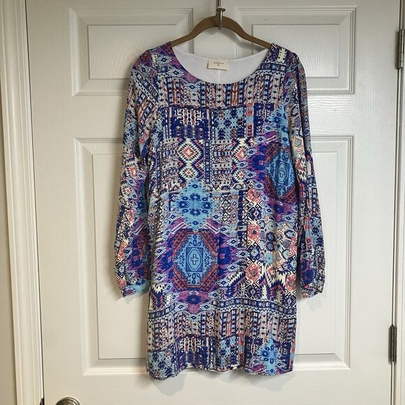 Everly Anthropologie Aztec Print 3/4 Sleeve Mini Dress Women’s Size S Lined - Picture 1 of 10